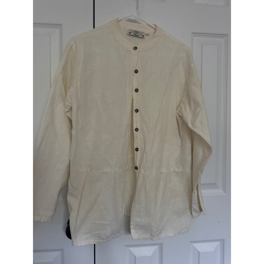 Orvis Cream Linen Cotton Blend Mandarin Collar Button Up Shirt Made in USA Med